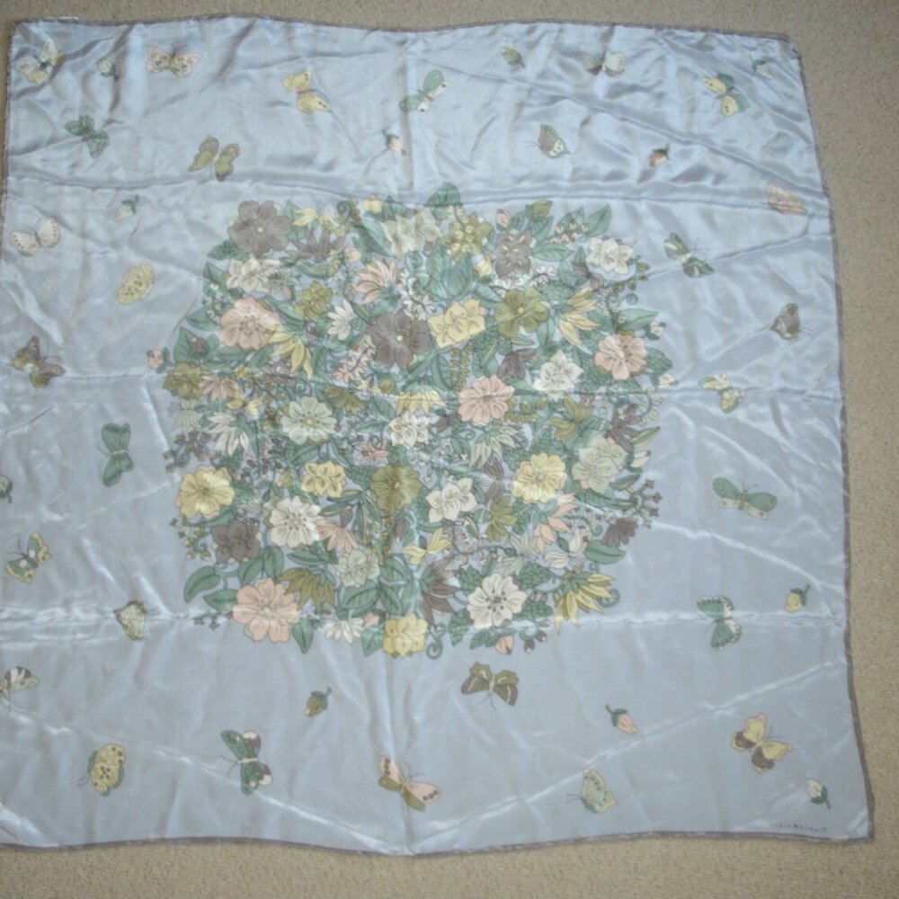 Marja Kurki Pure Silk Square Scarf 33”x 33” Blue with Flowers & Butterfly's